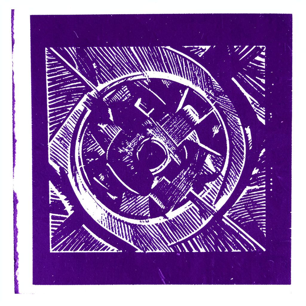 Carved linocut relief print of an open notebook with a pen, surrounded by laughter lines, in magenta and cream
