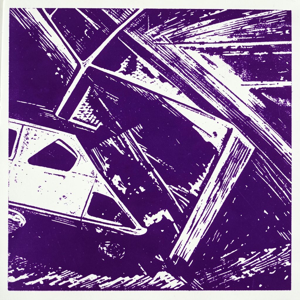 Carved linocut relief print of a group collaborating around a table, with speech bubbles and lightbulb motifs, in plum and soft pink