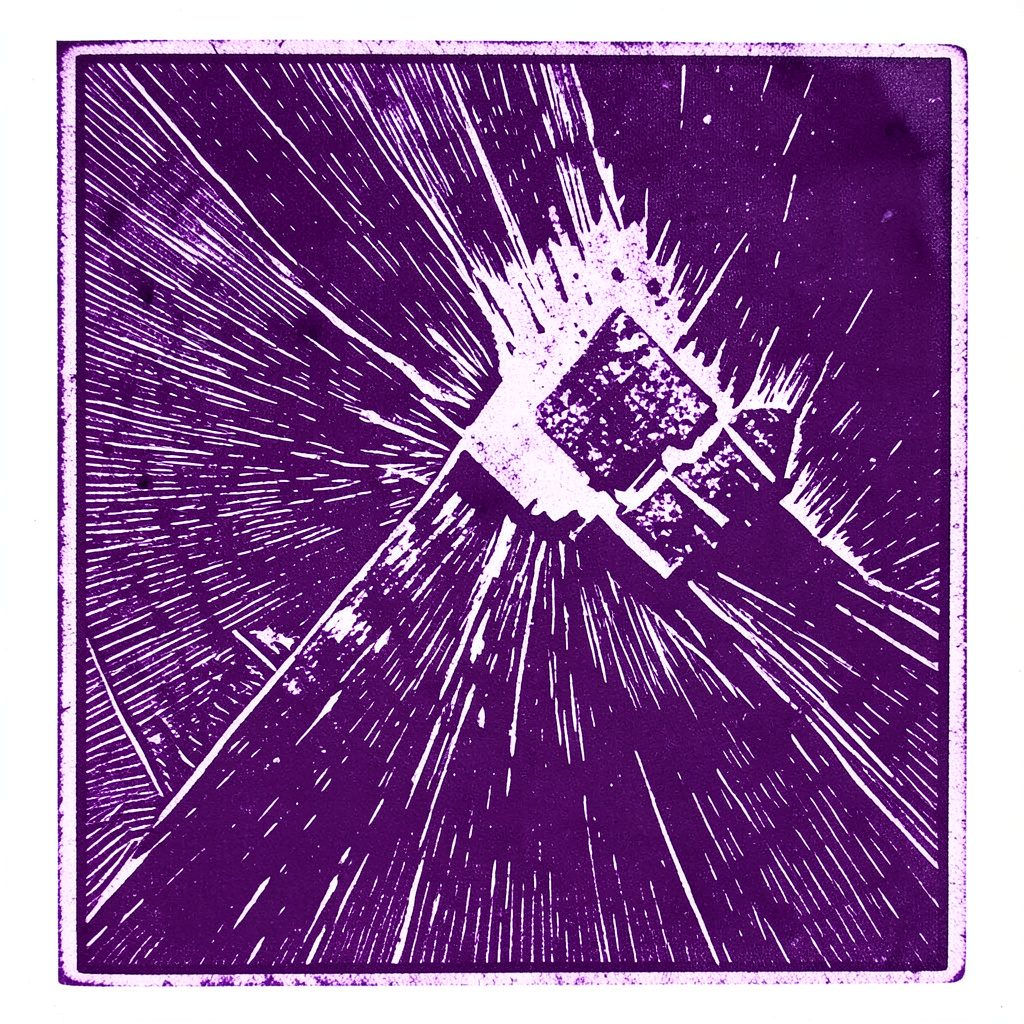 Carved linocut print of two figures in an improv scene, gesturing expressively, in rich plum and soft pink