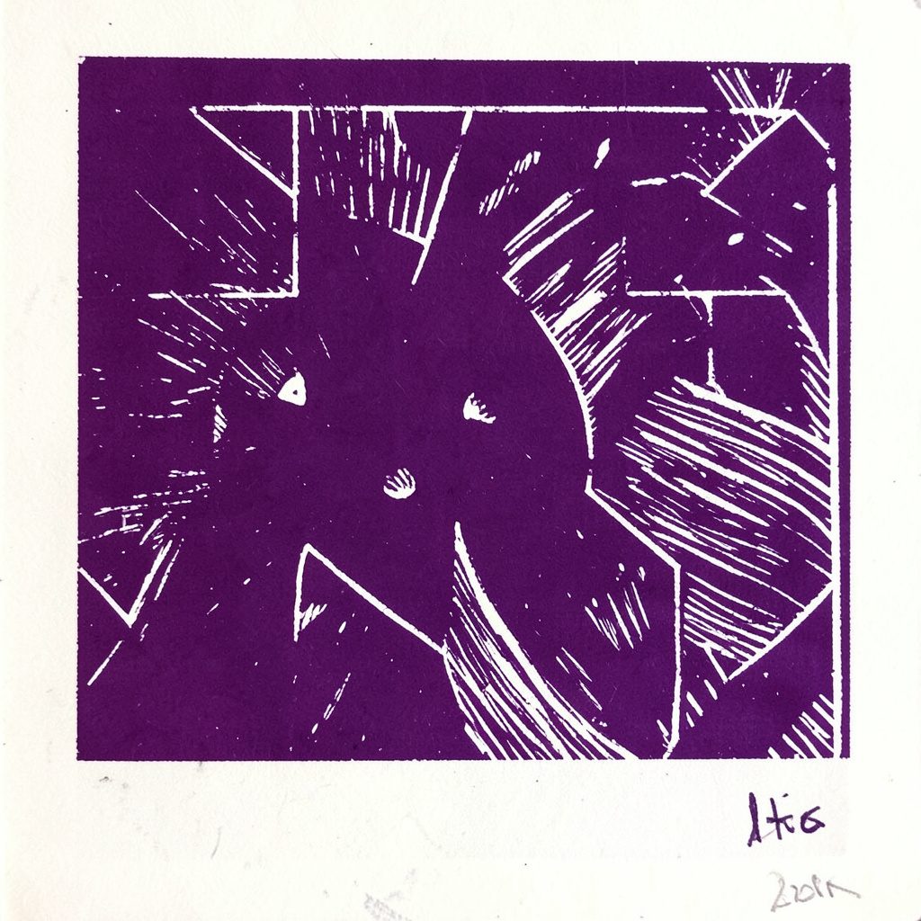 Carved linocut relief print of a microphone on a stand against a spotlight, in deep violet and warm amber tones